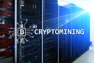Cryptocurrency mining concept on server room background.