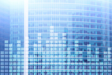Financial chart on blurred skyscraper office background.