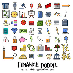 Hand drawn Sketch doodle vector line Finance colour icon set on white eps10
