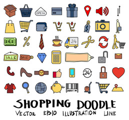 Hand drawn Sketch doodle vector line Shopping colour icon set on white eps10