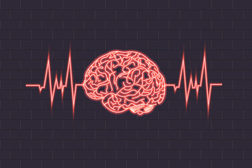 Vector Human Brain and Pulse Wave, Neon Illustration, Glowing Neon Lines.