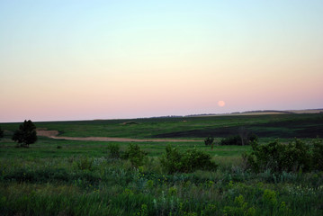 Fototapeta na wymiar Field on horizon, blue sky and harvest moon rising, Ukraine in spring