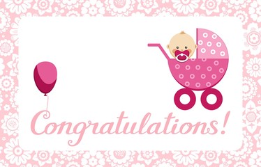 Congratulations, newborn baby girl, postcard, English, vector. In a pink stroller sits a baby. The inscription in English 