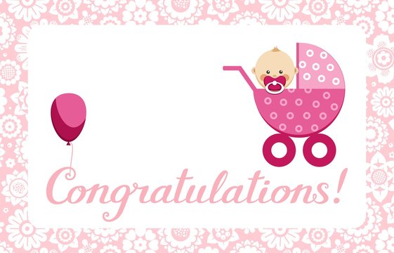 Congratulations, newborn baby girl, postcard, English, vector. In a pink stroller sits a baby. The inscription in English " Congratulations!"Color, flat picture.  