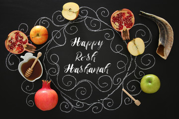 Rosh hashanah (jewish New Year holiday) concept. Traditional symbols.