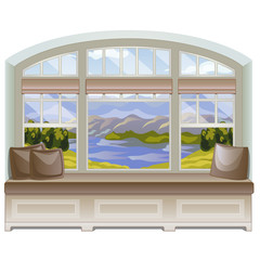A cozy place for leisure activities or reading books by the windowsill with a view of the mountains and the lake. Ideas of interior design window. Vector illustration.