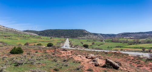Panorama of a road through the landscape of Castilla y Leon, Spain
