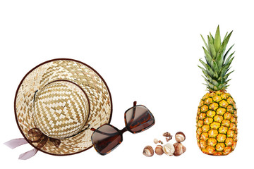 Summer holiday concept, vacation, straw hat, sunglasses and tropical fruit on white background, flat lay, top view