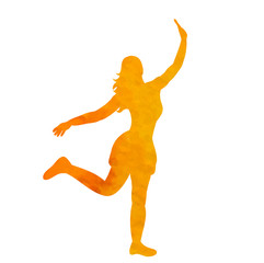 white background, watercolor silhouette girl dancing, orange