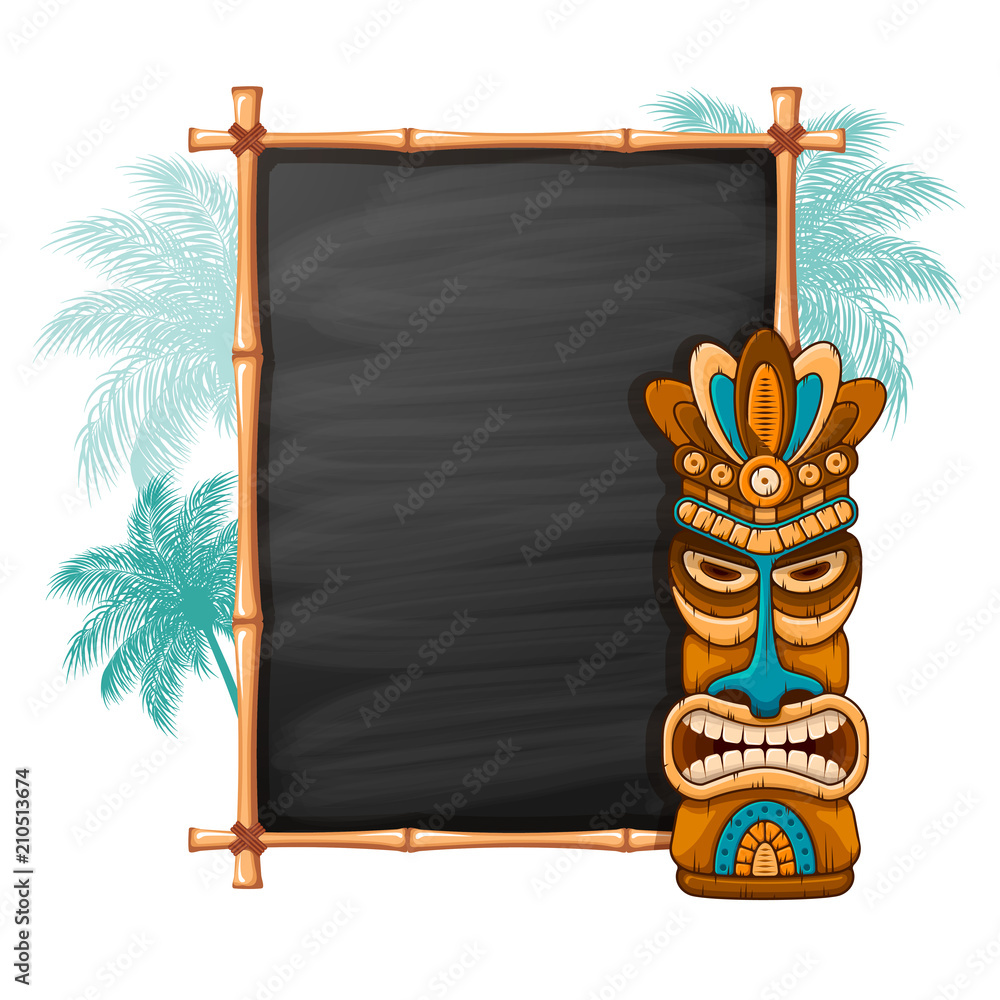 Wall mural tiki mask and bamboo frame