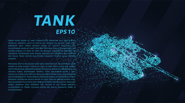 The tank of particles. The tank crumbles into small molecules. Vector illustration.