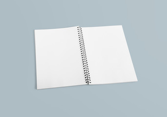 Notebook mockup for your design, image, text or corporate identity details. Vertical blank copybook with metallic silver spiral. Template of organizer or diary isolated on white background.