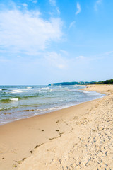 Fototapeta na wymiar View of beach in Baabe town from sand dune, Ruegen island, Baltic Sea, Germany