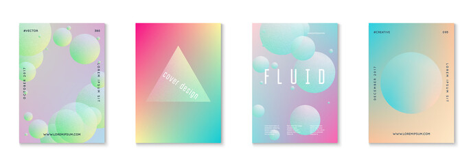 Fluid poster set with round shapes. Gradient circles on holographic background. Modern hipster template for placards, covers, banners, flyers, presentations, annual. Minimal fluid poster in neon color