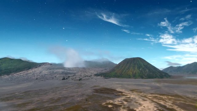 4K Timelapse Moving Star  Night Scene with Mts. Bromo, Semeru, Batok and Widodaren, Tengger Caldera, Indonesia