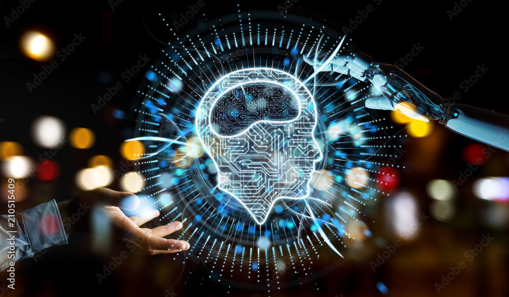 Poster white humanoid hand using digital artificial intelligence icon hologram 3d rendering