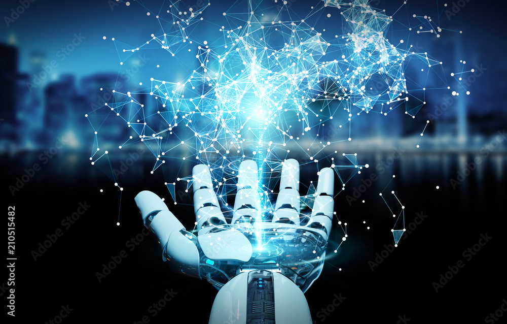 Aufkleber white humanoid hand using digital globe hud interface 3d rendering