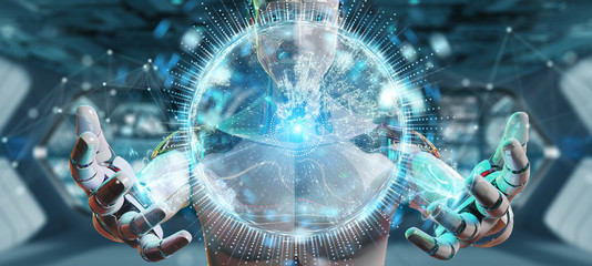 White humanoid using globe network hologram with Europe map 3D rendering