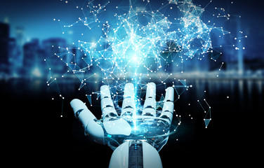 White humanoid hand using digital globe hud interface 3D rendering