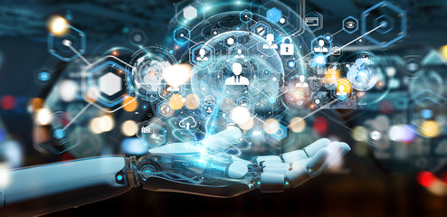 White robot hand using digital screen interface 3D rendering