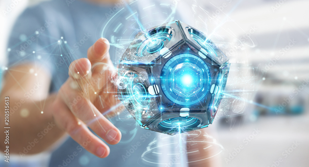 Poster businessman using futuristic drone security camera 3d rendering