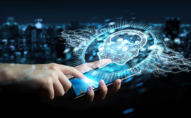 Businessman using digital artificial intelligence icon hologram 3D rendering