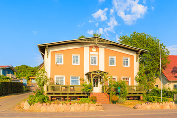Traditional house on street in Seedorf village on sunny beautiful day, Ruegen island, Baltic Sea, Germany