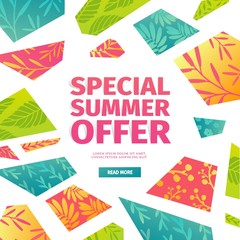 Fototapeta na wymiar Abstract banner design for summer sale. Geometrical triangular hexagons with pattern of leaves, twig, herbs and flowers for decoration of summer offer advertising. Template modern poster. Vector