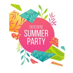 Fototapeta na wymiar Abstract banner design for summer psrty. Geometrical triangular hexagons with pattern of leaves, twig, herbs and flowers for decoration of summer offer advertising. Template modern poster. Vector