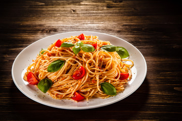 Pasta with meat, tomato sauce and vegetables