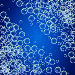 Shampoo foam diagonal frame with realistic water bubbles on shiny blue background. Cleaning liquid soap foam for bath and shower. Shampoo rainbow bubbles. Swimming pool flyer and invite.