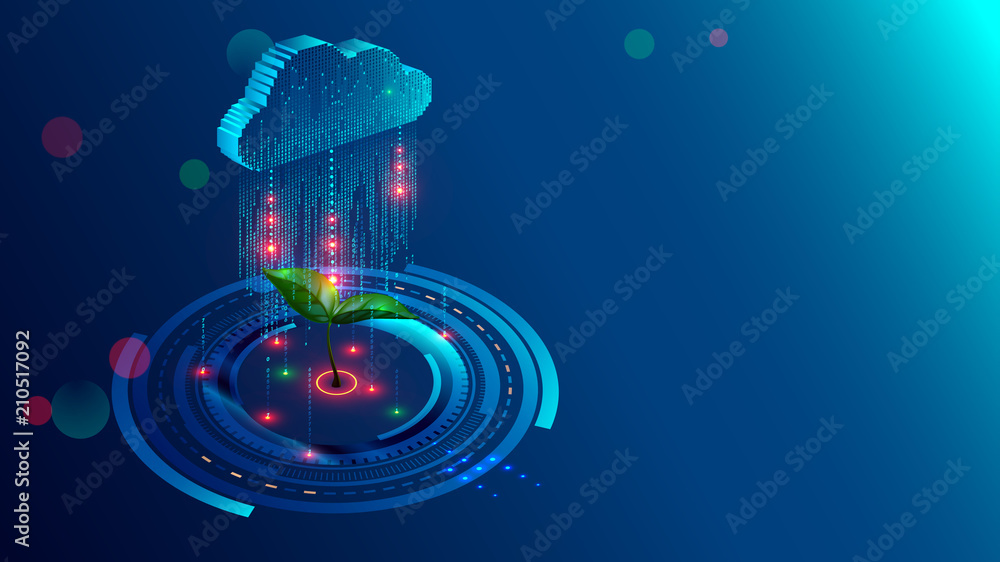 Poster Cloud storage with big data analysis processing. Data information flow analyzing helping business analytics, management and strategy. Information technologies isometric illustration concept.