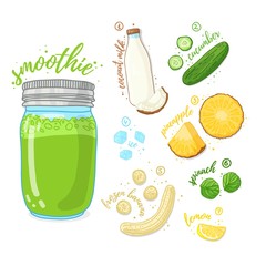 Green cocktail for healthy life. Smoothies with pineapple, coconut milk, banana, cucumber and spinach. Recipe vegetarian organic smoothie in jar. Template recipe card with detox drink for diet. Vector
