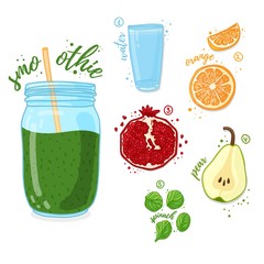 Green cocktail for healthy life. Smoothies with pear, pomegranate, orange and spinach. Recipe vegetarian organic smoothie in a glass jar. Template recipe card with detox drink for diet. Vector.