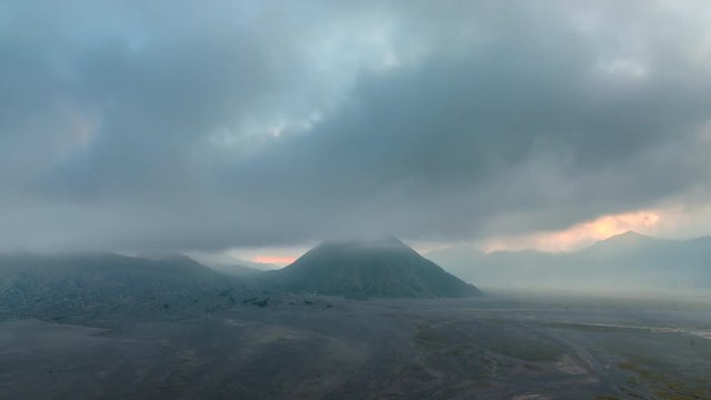 4k Timelapse Movie Moving Cloud Cover Volcano Mts. Bromo, Semeru, Batok and Widodaren, Tengger Caldera, Indonesia