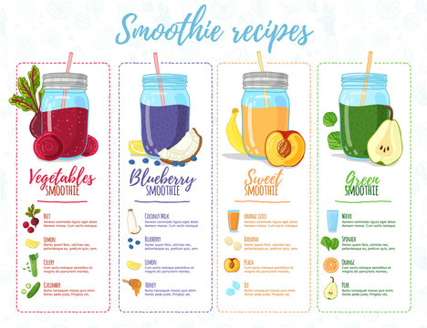Template design banner, brochure,  flyer with smoothie recipes. Menu with recipes and ingredients for a organic, detox juice. Detox cocktails made from fruits, vegetables and herbs. Vector