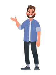 Happy man points out something. Presentation or showing. Element for advertising goods. Vector illustration