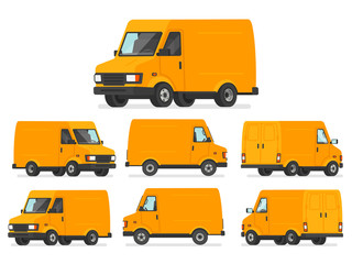 Yellow van set. Truck for transportation of goods. Vehicle for delivery, shown from different sides. Vector illustration