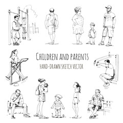 Children and parents, stroll with children. Hand-drawn vector sketch set