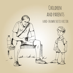 Fathers and sons, stroll with children. Hand-drawn vector sketch set