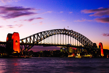 Mighty construction of harbor harbour bridge during sunset sky to downtown city center centre Sydney for holiday and couple romantic honeymoon