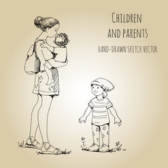 Mom and children, stroll with children. Hand-drawn vector sketch set