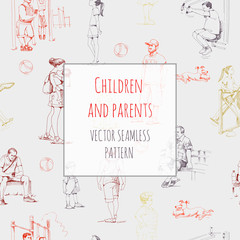 Children and parents, stroll with children. Hand-drawn vector seamless pattern