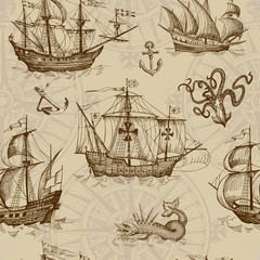 Old caravel, vintage sailboat, sea monster. Vector seamless pattern
