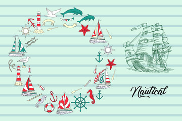 Nautical background with ships and wheel
