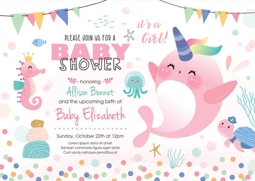 Baby Shower Under The Sea Theme Invitation Card With Cute Marine Life Cartoon Character