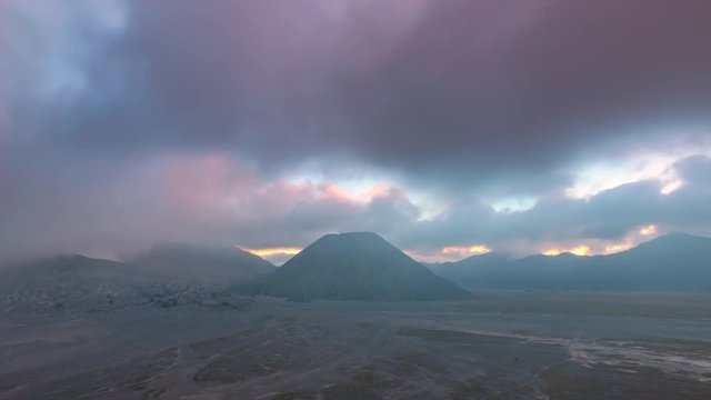 4k Timelapse Movie Moving Cloud Cover Volcano Mts. Bromo, Semeru, Batok and Widodaren, Tengger Caldera, Indonesia