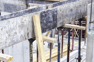 Close-up shot of wooden small column in the construction of basement at Izmir in Turkey