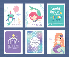 Fototapeta na wymiar Set of mermaid and marine life greeting cards design 
