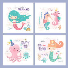 Set of mermaid and marine life greeting cards design 